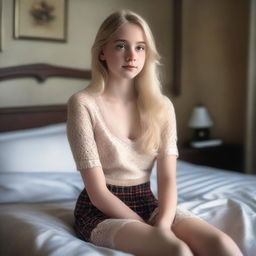 A high-resolution 4k image, showcasing a stunning blonde teenage girl seated on a bed