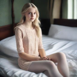 A high-resolution 4k image, showcasing a stunning blonde teenage girl seated on a bed