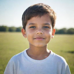 A young boy with childish innocence in his sparkling eyes, wearing casual attire, standing in an open field under a bright, sunny sky.