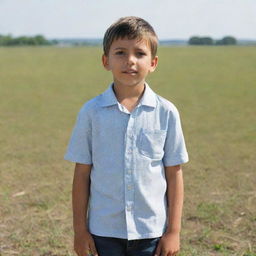 A young boy with childish innocence in his sparkling eyes, wearing casual attire, standing in an open field under a bright, sunny sky.