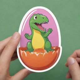 Create a sticker-style animation of a dinosaur egg hatching into a dinosaur holding a Yupi candy.