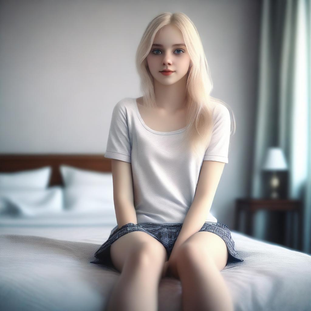 A 4K digital art image that captures a beautiful blonde teenage girl sitting on a bed, her legs casually spread