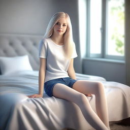 A 4K digital art image that captures a beautiful blonde teenage girl sitting on a bed, her legs casually spread