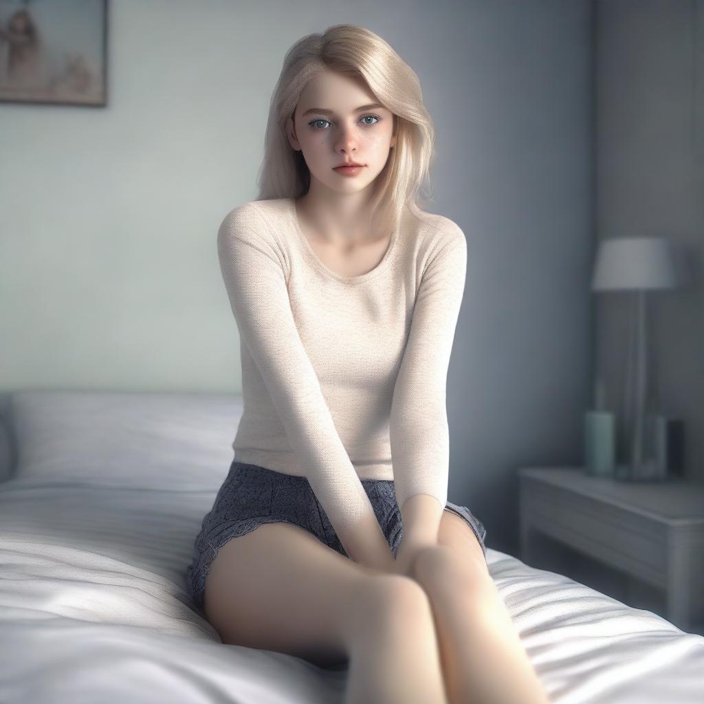 A 4K digital art image that captures a beautiful blonde teenage girl sitting on a bed, her legs casually spread