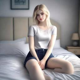 A 4K digital art image that captures a beautiful blonde teenage girl sitting on a bed, her legs casually spread