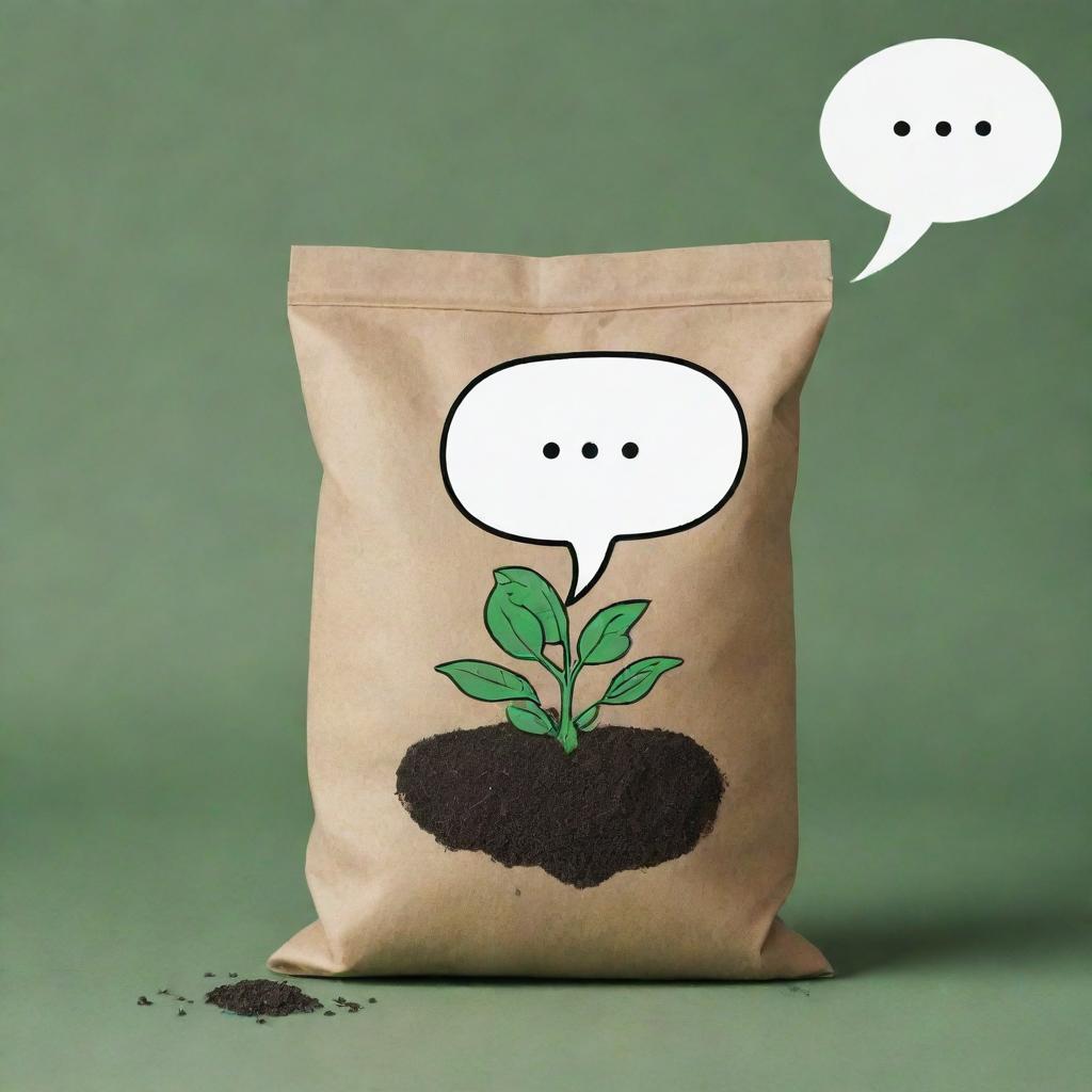 A plain animated talking bag of fertilizer with a speech bubble, expressing a profound gardening tip, with no plants or leaves surrounding it.