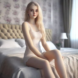 An ultra-high definition 4K digital art image, presenting a beautiful blonde teenage girl sitting on a bed