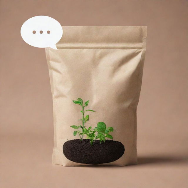 A plain animated talking bag of fertilizer with a speech bubble, expressing a profound gardening tip, with no plants or leaves surrounding it.