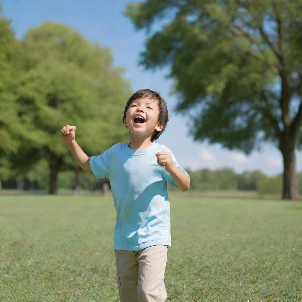 A young boy in casual clothes, playing in a lush green park under a bright blue sky.