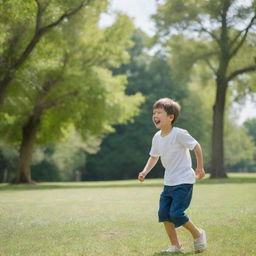 A young boy in casual clothes, playing in a lush green park under a bright blue sky.