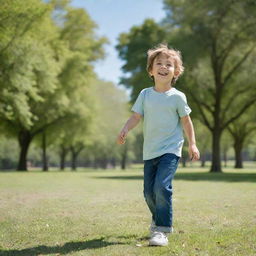 A young boy in casual clothes, playing in a lush green park under a bright blue sky.