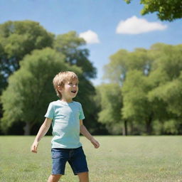 A young boy in casual clothes, playing in a lush green park under a bright blue sky.