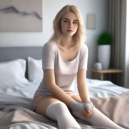 A realistic 4K digital art image showcasing a beautiful blonde young adult woman sitting on a bed