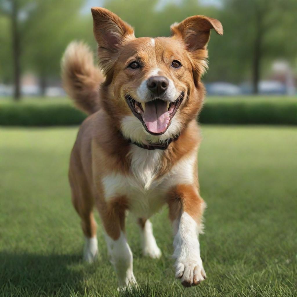 A realistic image of a happy, energetic dog with glossy fur in a grassy park setting.