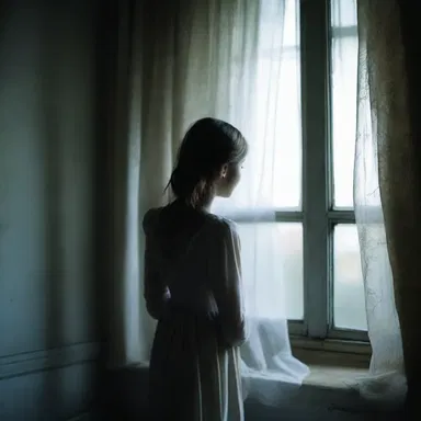 She felt a chill down her spine as she noticed the eerie, brushed curtains in the haunted house.
