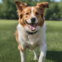 A realistic image of a happy, energetic dog with glossy fur in a grassy park setting.