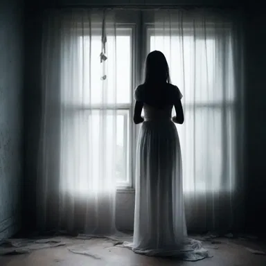 She felt a chill down her spine as she noticed the eerie, brushed curtains in the haunted house.