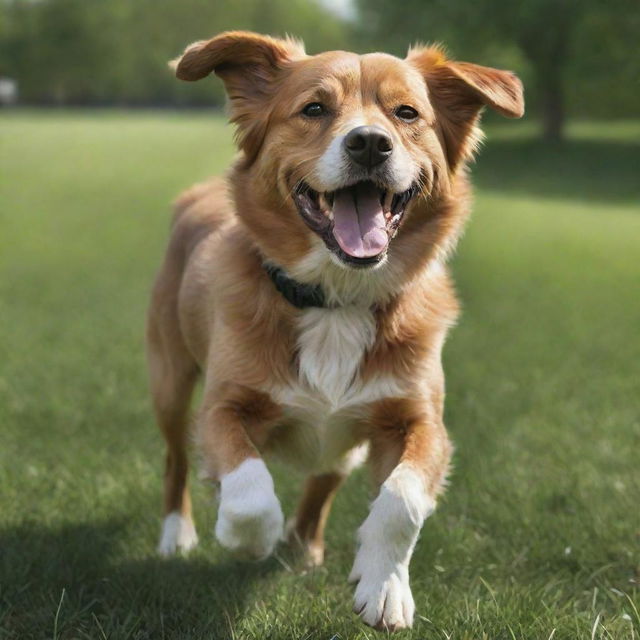 A realistic image of a happy, energetic dog with glossy fur in a grassy park setting.