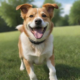 A realistic image of a happy, energetic dog with glossy fur in a grassy park setting.