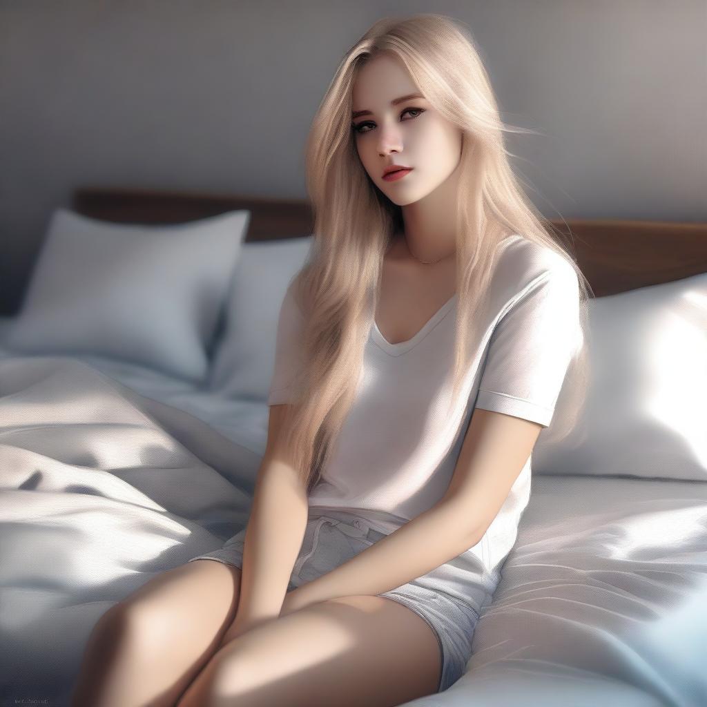 An exquisite digital art composition, featuring a beautiful young adult woman with long blonde hair