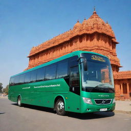 A shiny, emerald green Volvo bus parked in front of the stunning, newly built Ram Mandir in Ayodhya under a bright blue sky