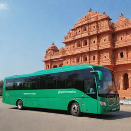 A shiny, emerald green Volvo bus parked in front of the stunning, newly built Ram Mandir in Ayodhya under a bright blue sky