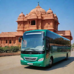 A shiny, emerald green Volvo bus parked in front of the stunning, newly built Ram Mandir in Ayodhya under a bright blue sky