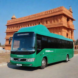 A shiny, emerald green Volvo bus parked in front of the stunning, newly built Ram Mandir in Ayodhya under a bright blue sky