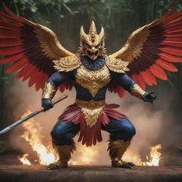 A majestic and fierce Garuda bird in combat mode, expertly wielding sharpened bamboo weapons, wings extended in a show of might, with vibrant hues of gold and crimson.