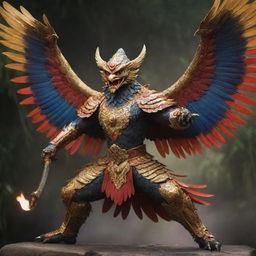 A majestic and fierce Garuda bird in combat mode, expertly wielding sharpened bamboo weapons, wings extended in a show of might, with vibrant hues of gold and crimson.