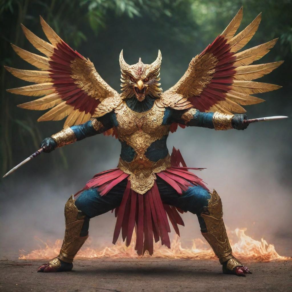 A majestic and fierce Garuda bird in combat mode, expertly wielding sharpened bamboo weapons, wings extended in a show of might, with vibrant hues of gold and crimson.