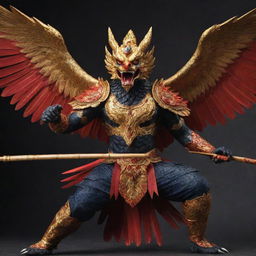 A majestic and fierce Garuda bird in combat mode, expertly wielding sharpened bamboo weapons, wings extended in a show of might, with vibrant hues of gold and crimson.