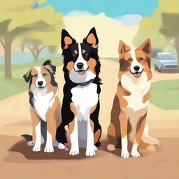 This is a high-quality digital art illustration featuring an Australian shepherd dog, a German shepherd dog, and a sand-colored cat