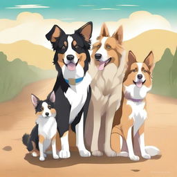 This is a high-quality digital art illustration featuring an Australian shepherd dog, a German shepherd dog, and a sand-colored cat