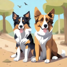 This is a high-quality digital art illustration featuring an Australian shepherd dog, a German shepherd dog, and a sand-colored cat