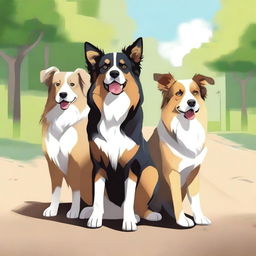 This is a high-quality digital art illustration featuring an Australian shepherd dog, a German shepherd dog, and a sand-colored cat