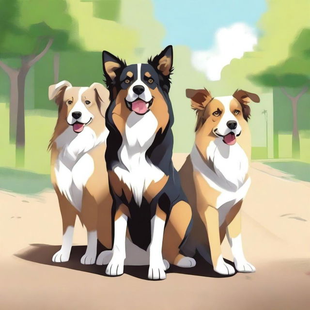 This is a high-quality digital art illustration featuring an Australian shepherd dog, a German shepherd dog, and a sand-colored cat