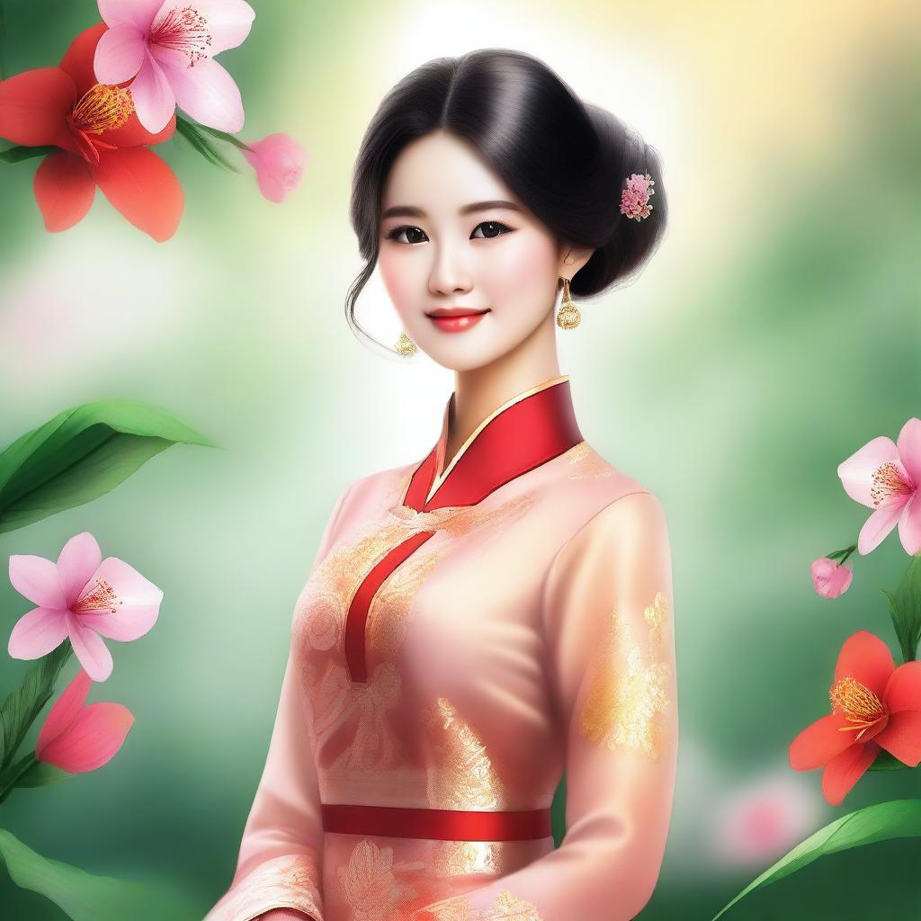 A high-quality digital art depicting a girl dressed in a vibrant, traditional Vietnamese Ao Dai