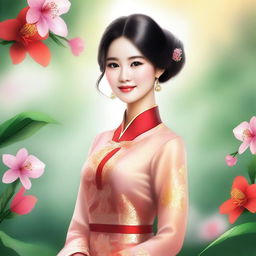 A high-quality digital art depicting a girl dressed in a vibrant, traditional Vietnamese Ao Dai