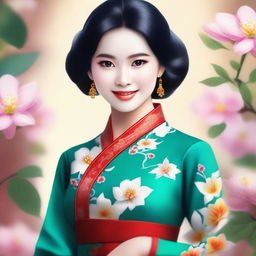 A high-quality digital art depicting a girl dressed in a vibrant, traditional Vietnamese Ao Dai