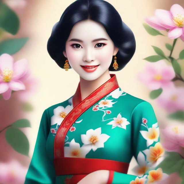 A high-quality digital art depicting a girl dressed in a vibrant, traditional Vietnamese Ao Dai