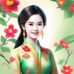 A high-quality digital art depicting a girl dressed in a vibrant, traditional Vietnamese Ao Dai