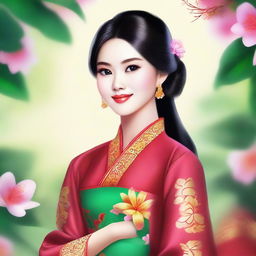 A high-quality digital art depicting a girl dressed in a vibrant, traditional Vietnamese Ao Dai