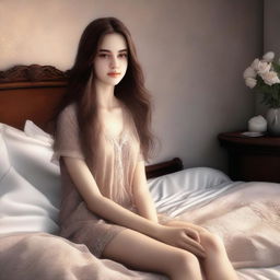 A high-quality digital art image depicts a young woman with long, brown hair