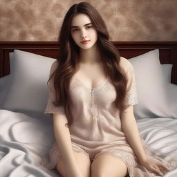 A high-quality digital art image depicts a young woman with long, brown hair