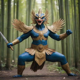 A mighty Garuda bird in an action-oriented stance, brandishing sharp bamboo weapons ready for combat.