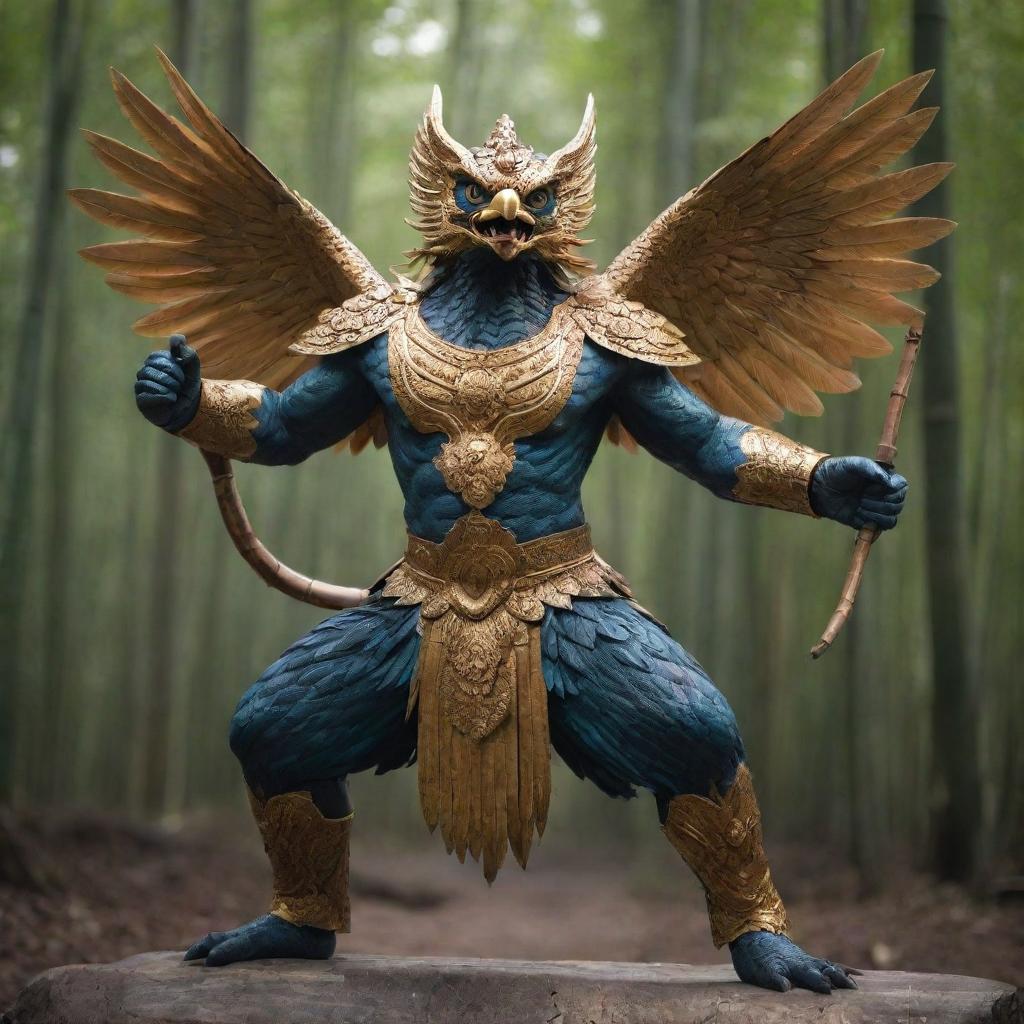 A mighty Garuda bird in an action-oriented stance, brandishing sharp bamboo weapons ready for combat.