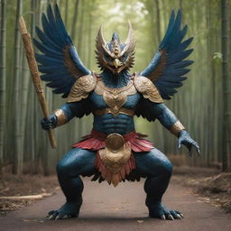 A mighty Garuda bird in an action-oriented stance, brandishing sharp bamboo weapons ready for combat.