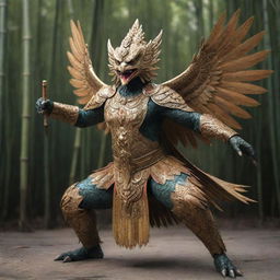 A mighty Garuda bird in an action-oriented stance, brandishing sharp bamboo weapons ready for combat.