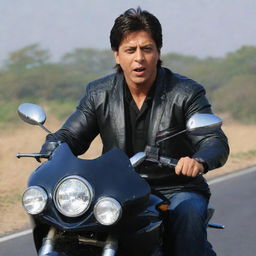 Sharukh Khan, donning a humorous expression, nonchalantly riding a Hayabusa